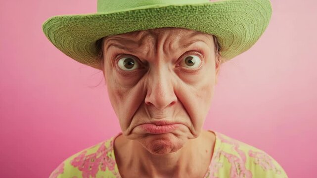 Woman with green hat making a disgusted face.