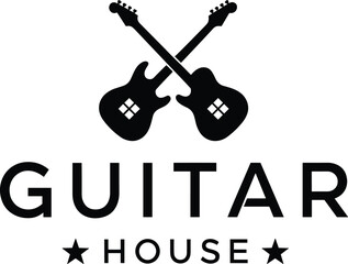Guitar House logo design, crossed electric guitars icon, music studio branding, rock symbol graphic, minimalist black and white emblem
