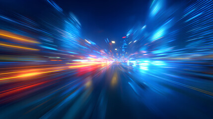 Blue line motion in city lights and blur splash. 1920 effect trail and ray explosion, fast night beam glow, with highlight, colorful flash, curve and 16 bright light on line background.