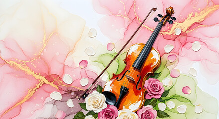Musical Violin Surrounded by Petals and Flowers in Abstract Alcohol Ink Artwork, perfect for music wall art, romantic design, wallpaper or frame tv art
