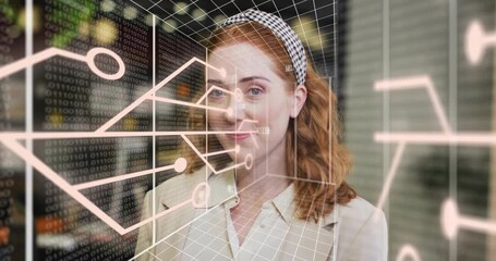 Engineer in datacenter watching wireframe cube appearing animating lit circuits showing data flow - Powered by Adobe