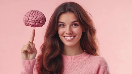 Smiling woman pointing at brain, focus on mental health and well-being