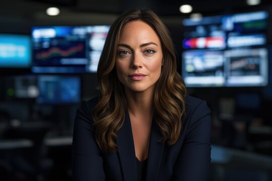 Businesswoman posing in a technological control room