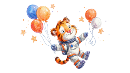 Cute watercolor tiger cub astronaut in a spacesuit floating with colorful balloons and small stars