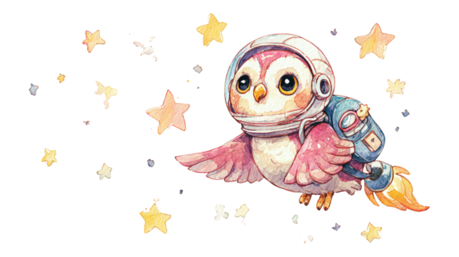Adorable watercolor owl character in an astronaut helmet and jetpack flying amid twinkling stars in deep space