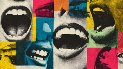 Contemporary art collage featuring screaming mouths. Communication concept, public opinion, public speaking, society, media. Message Stock Illustration