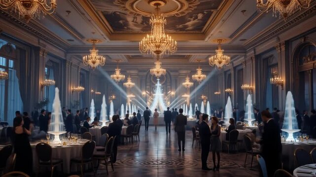 An elegant ballroom set for a New Year's gala with chandeliers, champagne fountains, and people in formal attire. 4k video