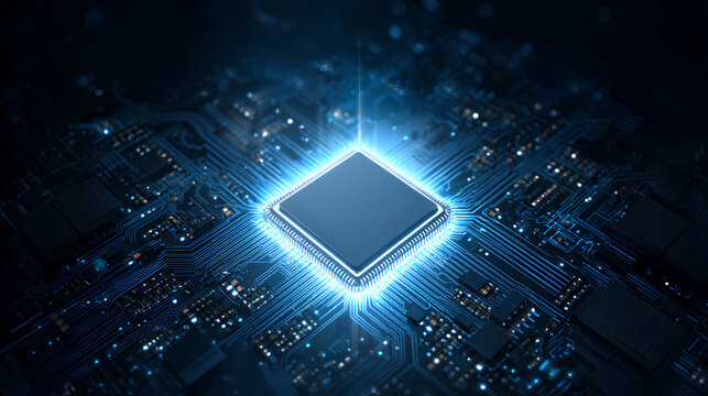 CPU with Light Glowing Neon Frame on Circuit Board. Technology Semiconductor on Blue Background. Empty AI Chip. Digital Tech Bg. Big Data and Artificial Intelligence Concept. Vector Illustration. - Powered by Adobe