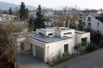 Modern house with solar panels situated on a quiet street surrounded by trees and suburban homes during a clear day, showcasing contemporary architecture and eco-friendly features