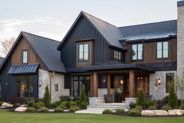 A beautifully designed modern home features stunning stone accents and a meticulously landscaped yard, all set against a picturesque suburban backdrop during sunset