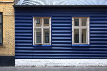 Beautiful corrugated blue facade of an urban building showcasing modern architecture in a city setting during the daytime