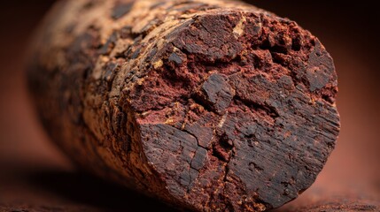 An extreme closeup of the top of a natural cork after it has been pulled from a wine bottle.