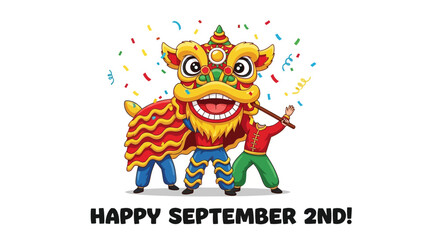 Celebrating September 2nd with a Vibrant Chinese Lion Dance and Colorful Confetti