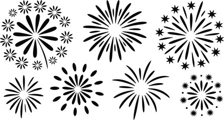 Obraz premium Hand-drawn firework vectors, decorative holiday explosions, and celebration spark bursts. Vector illustration on white background.