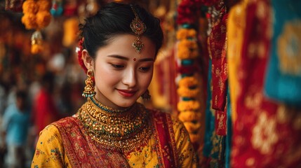 Fototapeta premium Portrait of a graceful woman in traditional attire, exuding timeless elegance