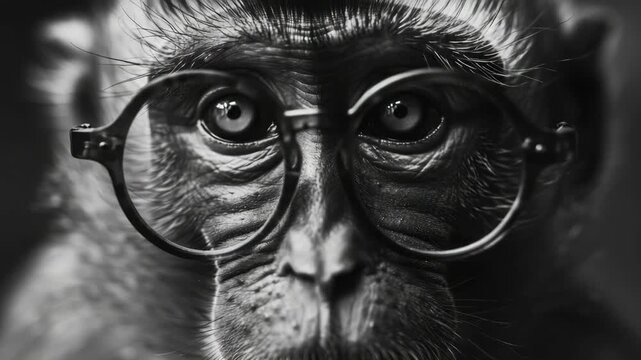 Adorable monkey with glasses. Cute and funny scene of an animal trying to look intellectual.