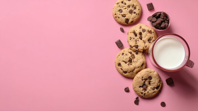 Delicious cookies and chocolate chips arranged on pink background with glass of milk, creating delightful and inviting scene