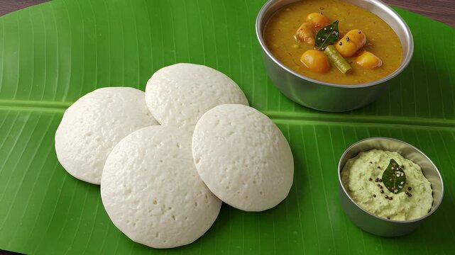 Idli and Sambar: An enticing display of freshly made idli with sambar and chutney on a large banana leaf, promising a flavorful and comforting experience. 