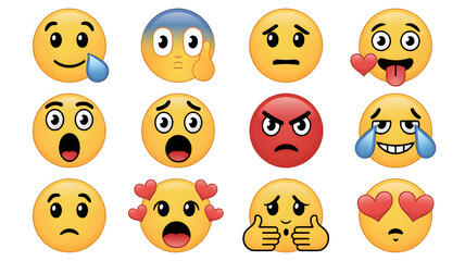 Twelve diverse cartoon emoji faces on a white background