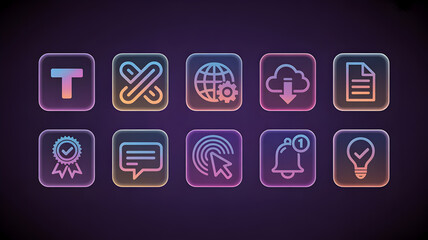 Ten glowing gradient UI icons arranged in two rows