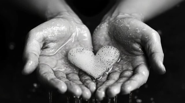 Hands held under running water, washing and sanitizing to protect the heart.