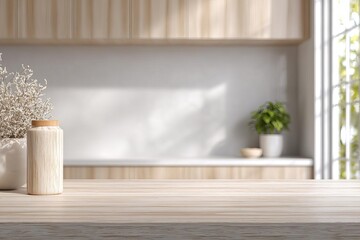 A cozy kitchen featuring a wooden table with a beautiful vase and plant capturing a calm and inviting atmosphere