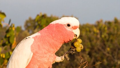 Pink parrot eating grapes
