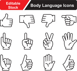 Obraz premium Body language glyph icon set. Vector pictograms of hand gesture, pointing, thumbs up, wave, fist, open palm, okay sign, and communication, black sign silhouette illustration.