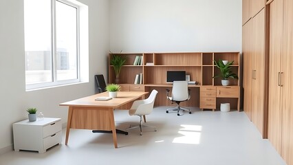 Minimalist wooden and white office corner, natural window light creating a clean modern workspace.