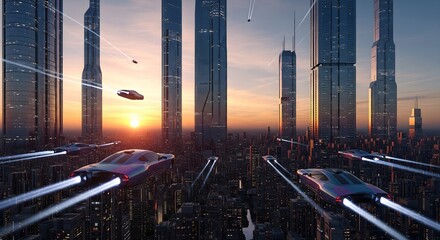 Futuristic city skyline with flying cars at sunset, science fiction cityscape wallpaper background image design