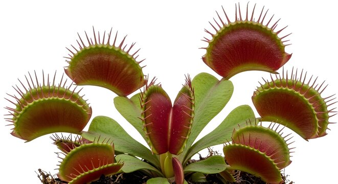 Close-up of a Venus flytrap carnivorous plant with open traps, isolated on white background, unique and exotic botanical element.