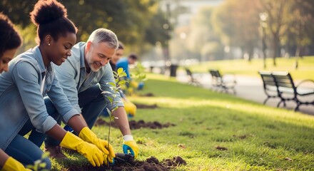 Community volunteers planting trees in park for environmental conservation and green initiatives project