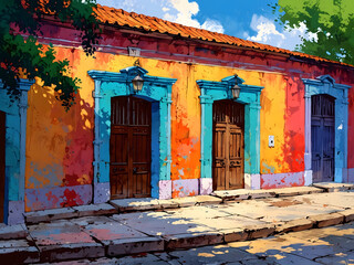 Colorful Colonial houses with a church and a mountain in the background