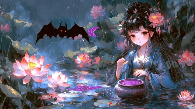 Mystical witch brewing magical potion near lotus pond, dark bat silhouette enhancing mysterious nocturnal atmosphere with purple elixir cascading into bubbling cauldron