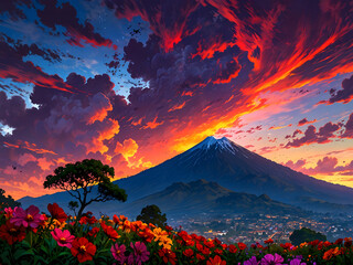 sunset over the volcano