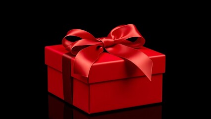 Obraz premium A red gift box with a satin ribbon bow, close-up shot against a dark background.
