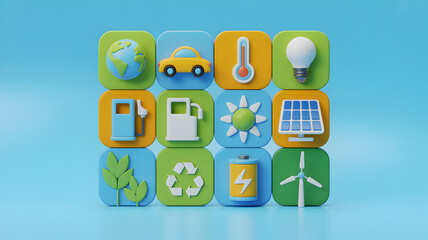 Grid of cartoon eco-friendly icons in rounded squares