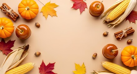 Autumn harvest flat lay with pumpkins, corn, and maple leaves on beige background