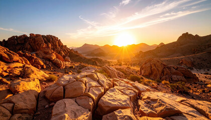 Rocky desert landscape with sun setting behind distant mountains, casting warm golden light and long shadows over rugged terrain and scattered vegetation