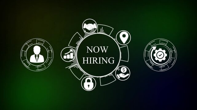 NOW HIRING Technology, Internet and network concept .network , business ,technology concept animation technology background. Animated NOW HIRING process illustration featuring video,  