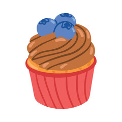 Sweet cupcake icon. Blueberries, chocolate, vanilla cream. Dessert vector illustration design isolated on white background