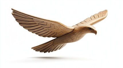 Obraz premium Wooden sculpture of a soaring eagle with finely carved details on a white background