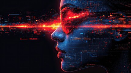 Futuristic Cyberpunk Portrait of a Woman with Digital Interface Overlay Depicting Advanced