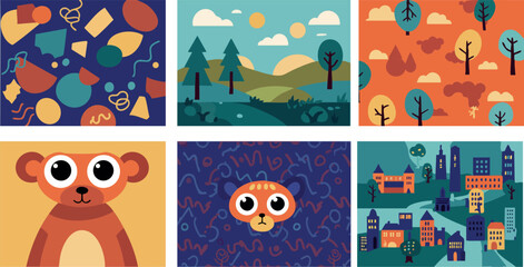 Fototapeta premium Colorful cartoon animals and nature landscape vector collection with cityscape and trees in flat style