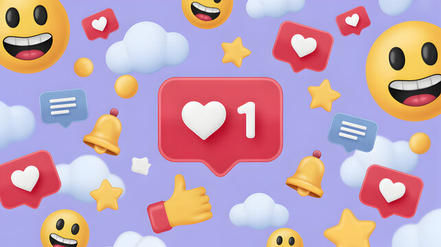 Social Media Icons With Emojis And Bell clouds stars - Powered by Adobe