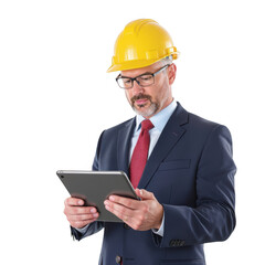 Focused engineer in hard hat and suit reviews project data on digital tablet professionally