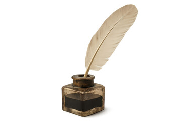 White feather quill resting in vintage inkwell on transparent background