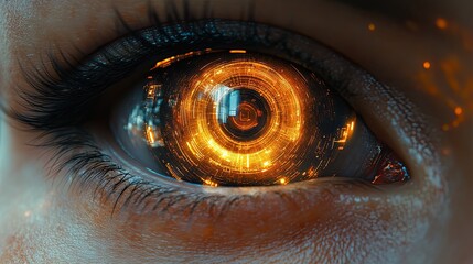 Human eye with futuristic technology and glowing digital hud elements 50 characters, maximum 100