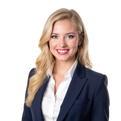 Professional businesswoman smiling confidently in a dark blazer and white blouse with blonde wavy hair