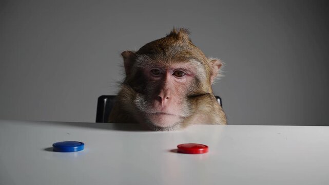 A pensive monkey contemplates a choice between a red and a blue object on a table.